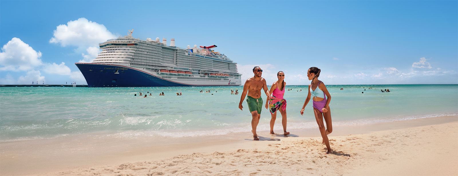 Carnival Cruise Line ship sailing destination with family on shore