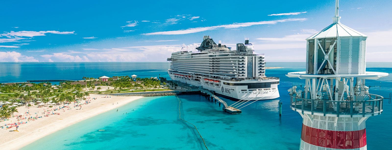 MSC cruise ship docked on shore